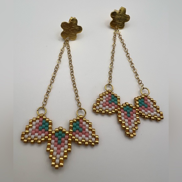 Delicate Gold Floral Dangle Earrings - Cute Beaded Flower Earrings - Picture 8 of 13